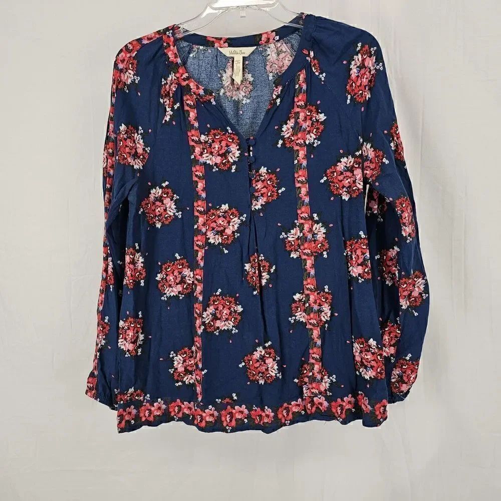 Matilda Jane Blue & Pink Floral So Vivid Top Covered Buttons Henley Neckline S
